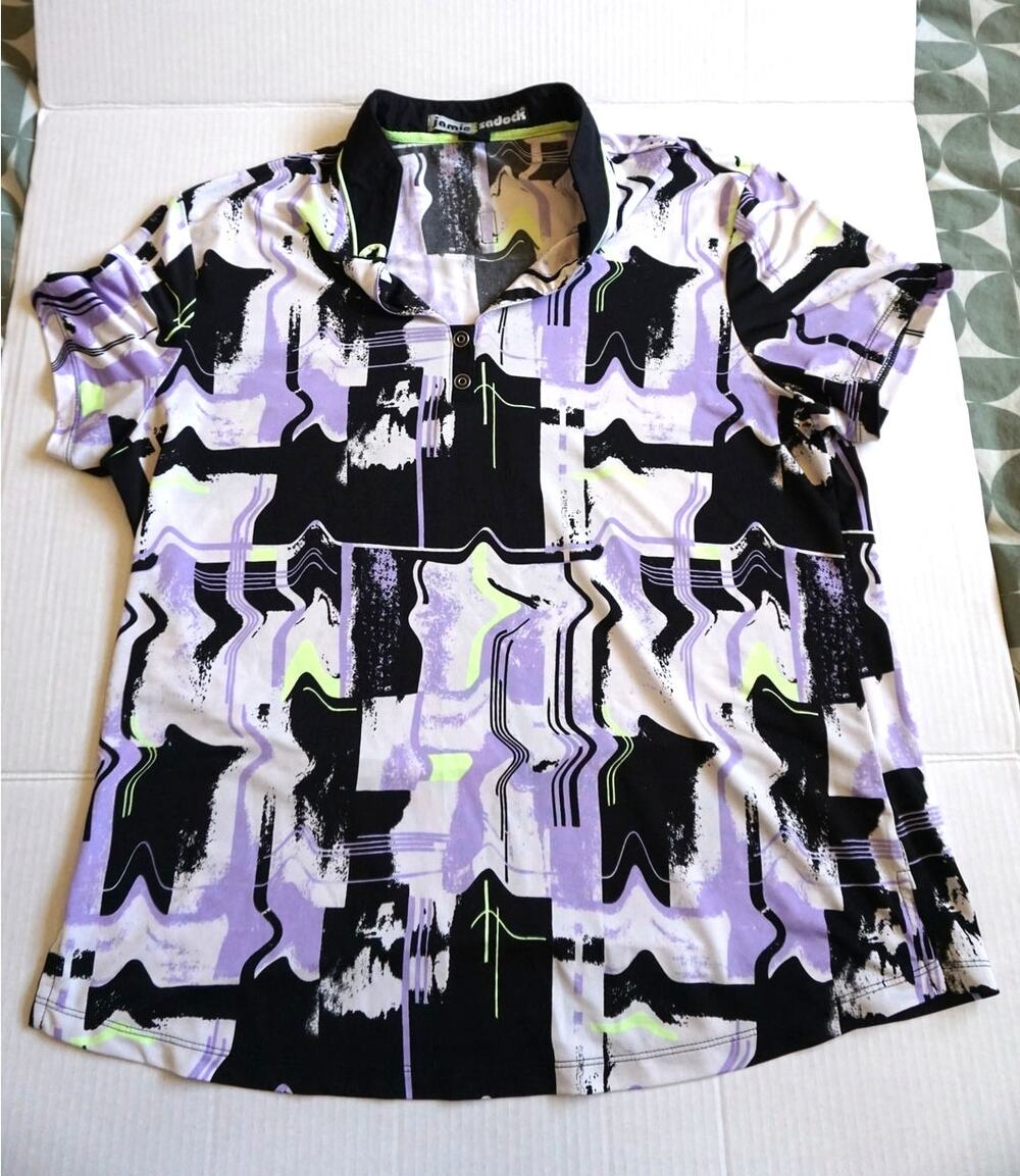 Jamie Sadock Short Sleeved Golf Polo Abstract Print Black Purple Large